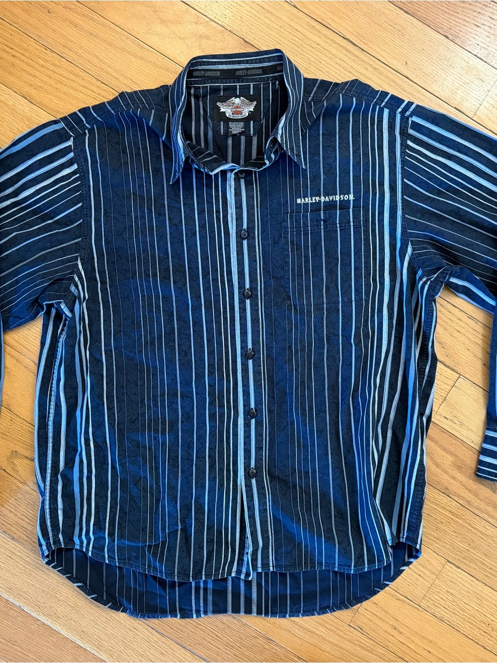 Harley Davidson Pinstripe Paisley Men’s Button Up Shirt Blue Size XLarge Vintage